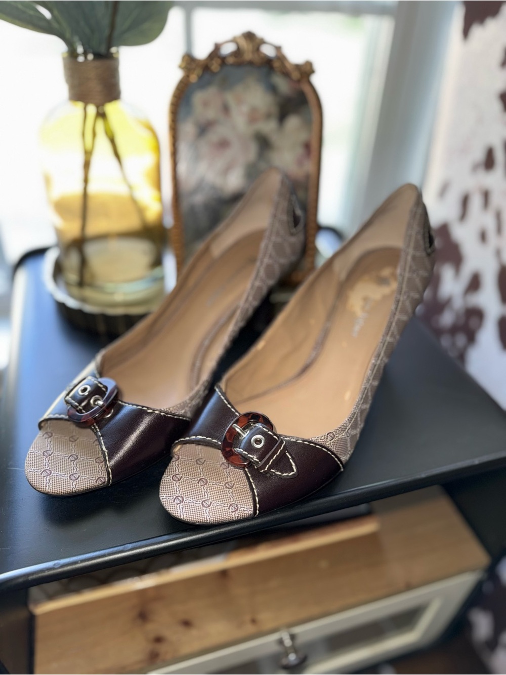 Etienne Aigner Brown and Tan Patterned Buckle Heels